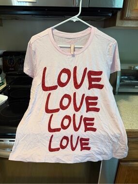 Pink 'Love' Graphic Tee - Red Glitter Text